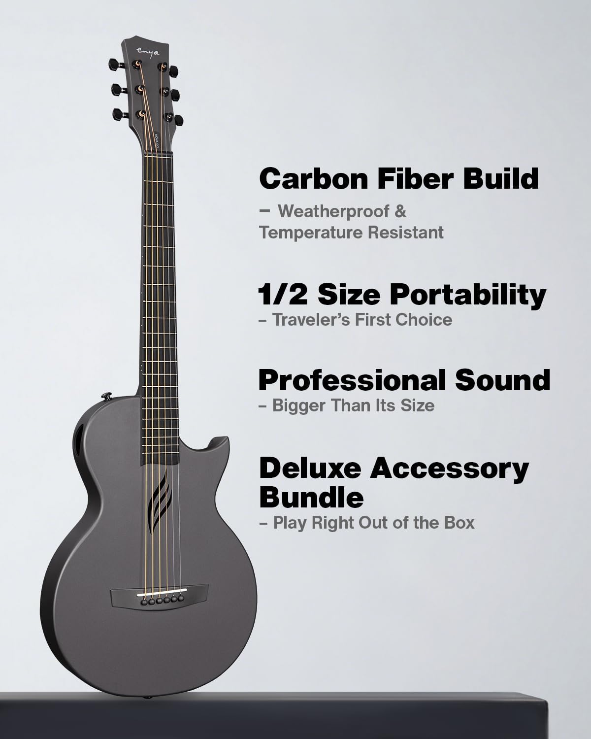 Enya Nova Go Carbon Fiber Travel Acoustic Guitar | 1/2 Size Lightweight Moisture-Proof Guitara | Adult & Beginner Portable Guitar with Gig Bag & Accessories (Black)
