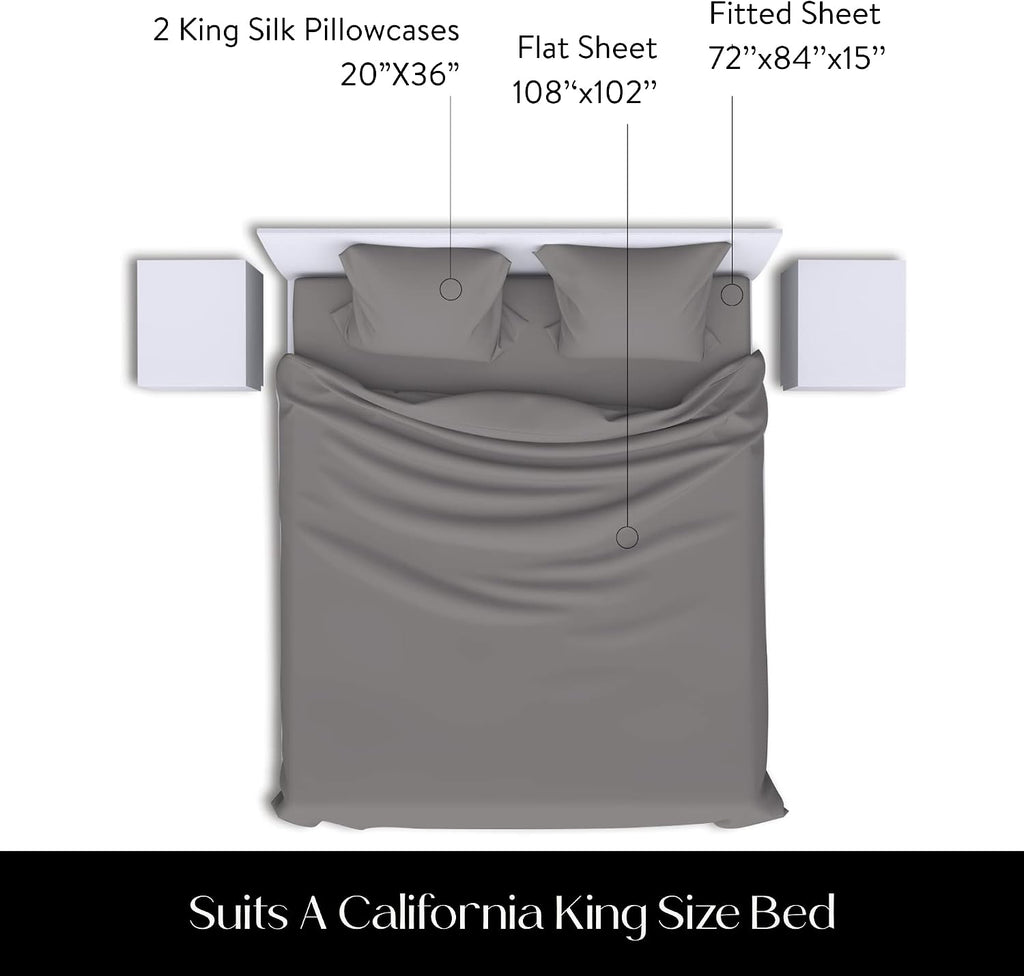 Colorado Home Co Premium LUXSILK™ | 100% Mulberry Silk Bed Sheets | Natural Silk Bedding Set | 4PC California King | | Ultra Soft & Durable | Grade 6A Organic Real Silk Sheets [Charcoal Essence]