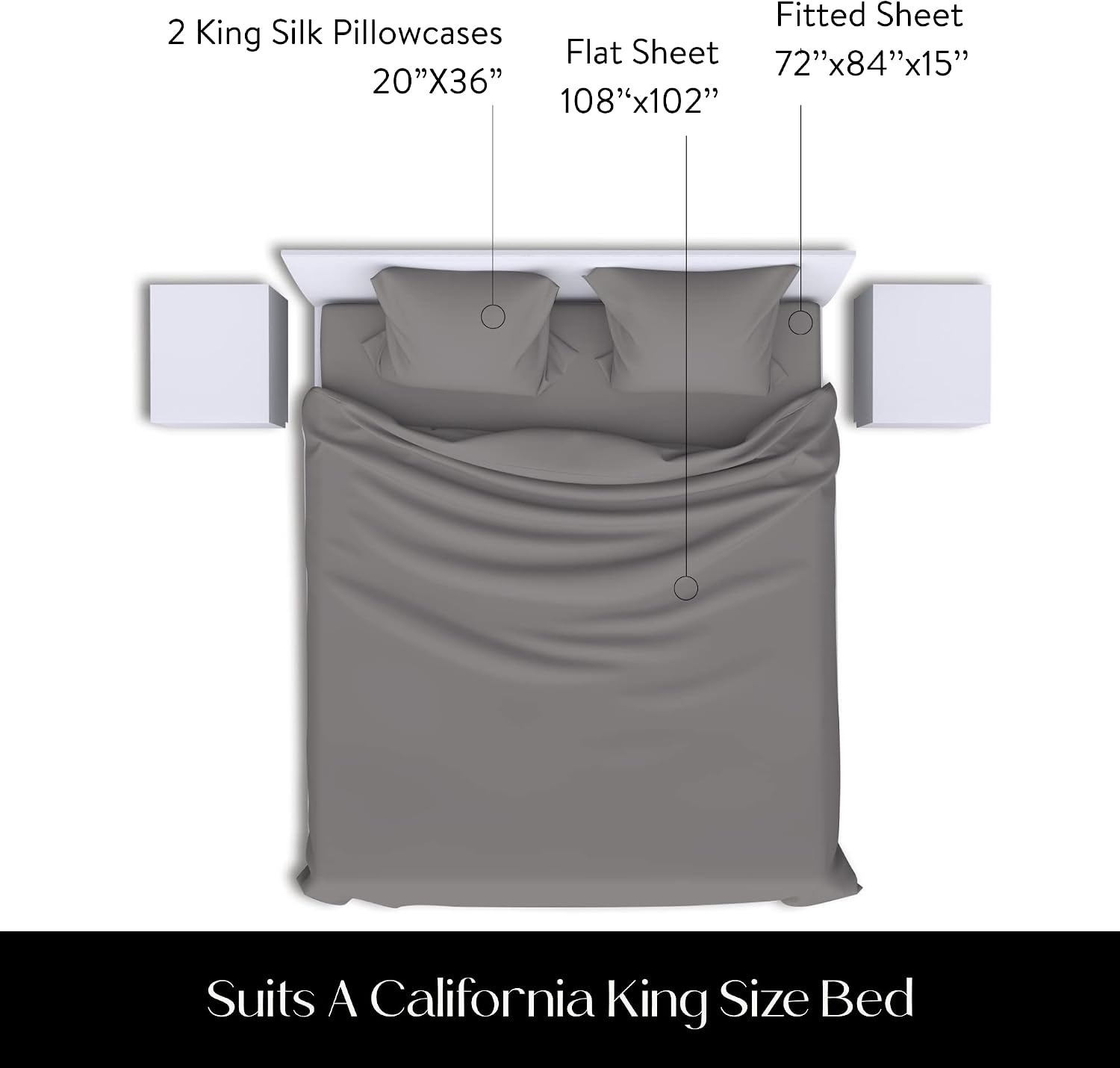Colorado Home Co Premium LUXSILK™ | 100% Mulberry Silk Bed Sheets | Natural Silk Bedding Set | 4PC California King | | Ultra Soft & Durable | Grade 6A Organic Real Silk Sheets [Charcoal Essence]