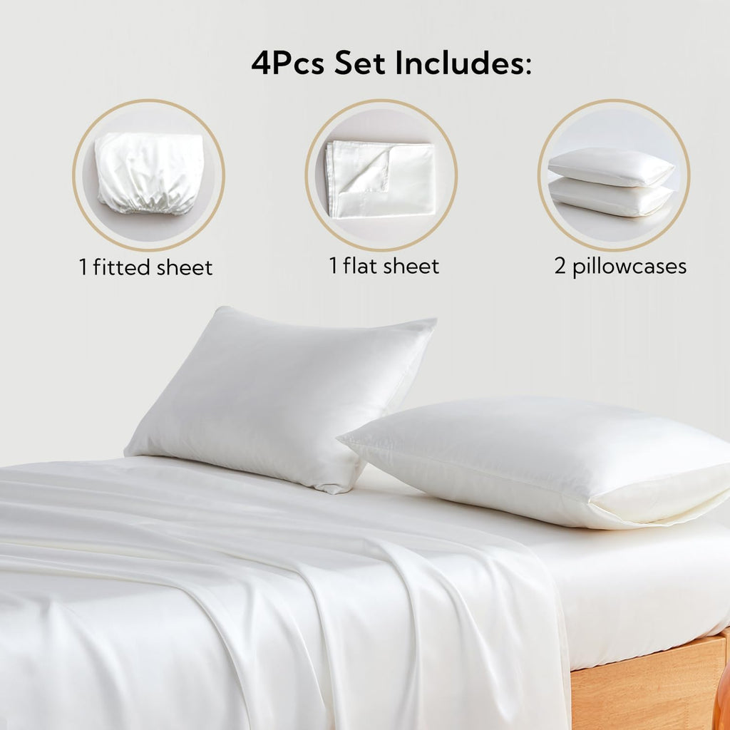Twin XL Size 4-Piece Sheet Set Premium 30 Momme Mulberry Silk Bed Sheets Set Fits 23-26' Deep Pocket (Solid, Ivory)
