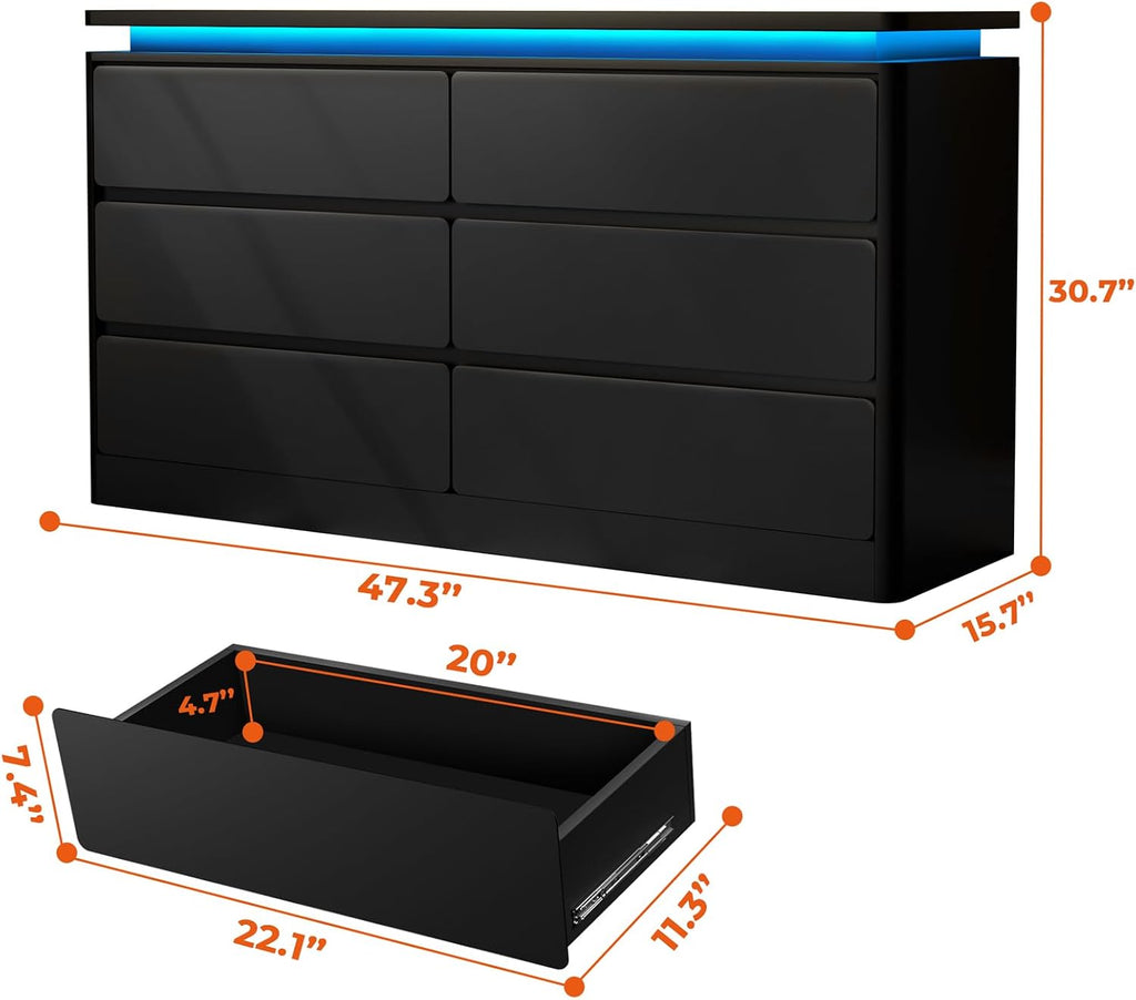 Loomie Upgraded 6 Drawer Black Dresser for Bedroom, 47.2' Long Chest of Drawers with Charging Station & LED Lights, Wooden Storage Cabinet Dresser for Closet,Modern TV Stand with Deep Drawers