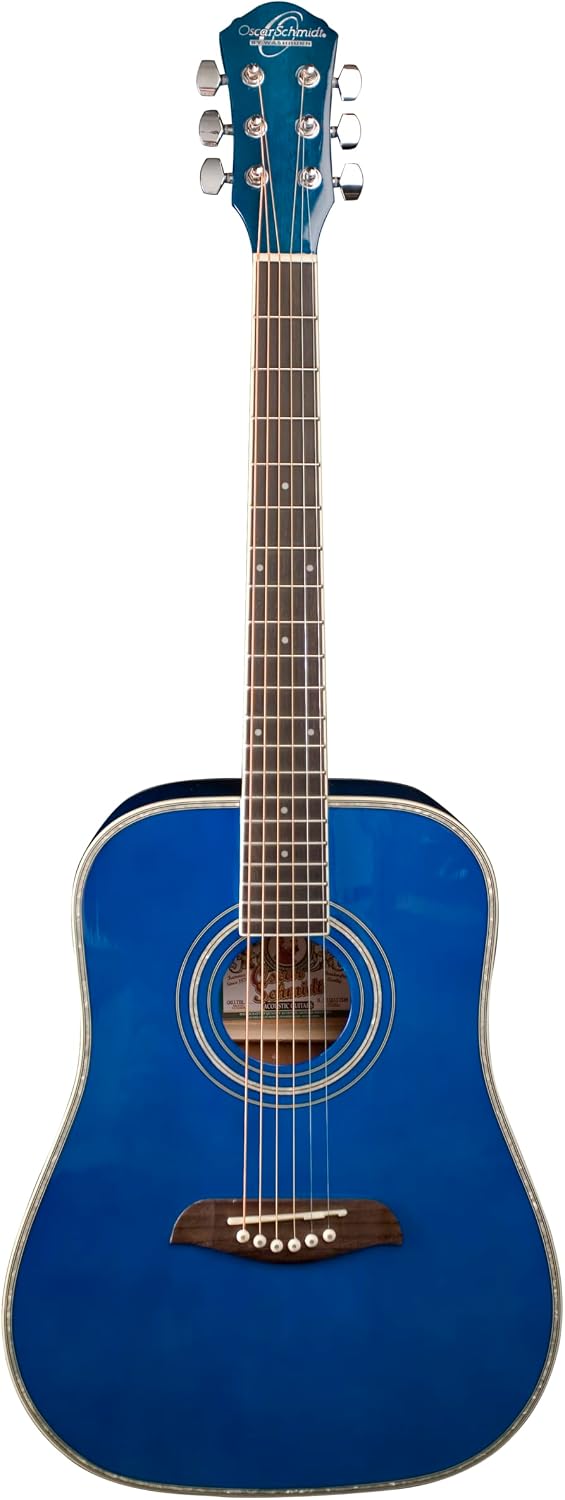 Oscar Schmidt OG1TBL-A 3/4 Size Dreadnought Acoustic Guitar. Transparent Blue