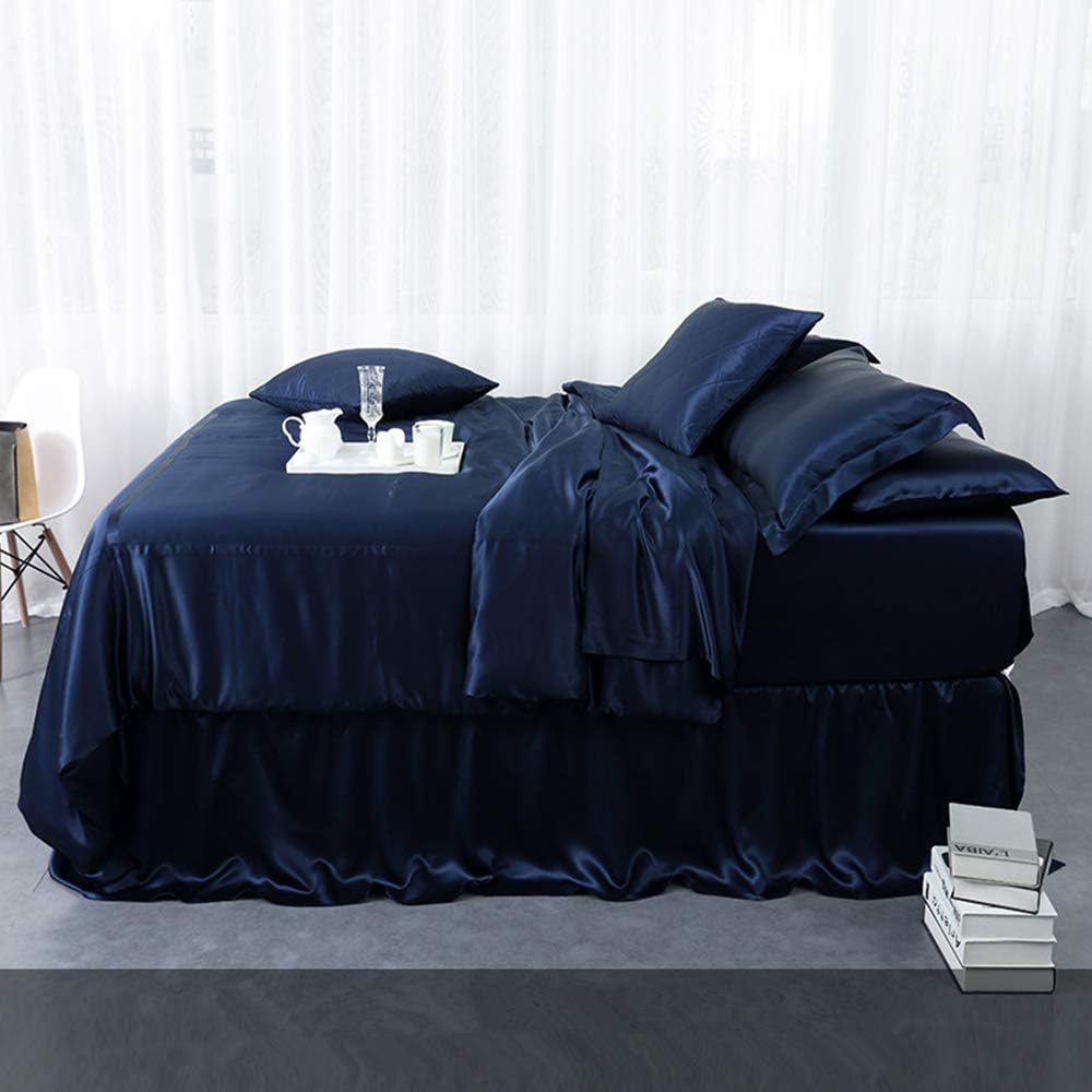 Orose 4Pcs 30 Momme Silk Sheets Set Seamless Custom,Thick, Deep Pocket 100% Charmeuse Mulberry Silk Bedding Top Flat Bottom Fitted (Dark Blue, King)