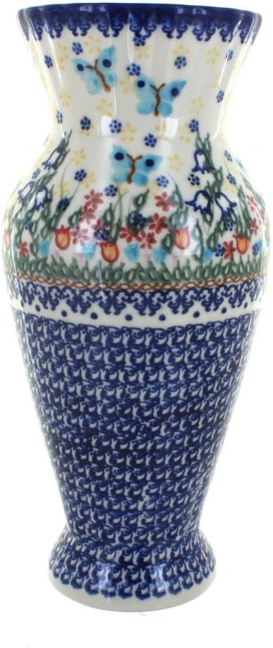 Blue Rose Polish Pottery - Blue Garden of Eden Tall Vase - 11' Tall - Ceramic Flower Vase, Decorative Floral Design for Table, Shelf or Mantel Décor