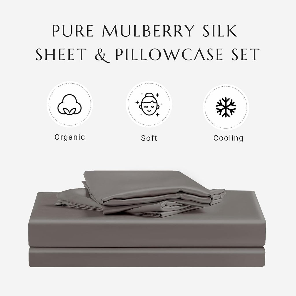 THXSILK 100% Silk Sheet Set, 7A+ Silk Sheet Set Soft Breathable, Luxury Bedding (1 Duvet Cover, 1 Fitted Sheet, 2 Pillow Shams), King, Charcoal