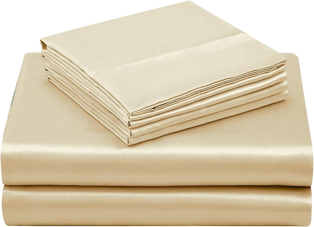 22 Momme 100% Mulberry Silk Bedding Set - 4-Piece Luxury Queen Size (2 Pillowcases, 1 Fitted Sheet, 1 Flat Sheet) - Fits 14-16' Deep Pocket (Solid, Beige)
