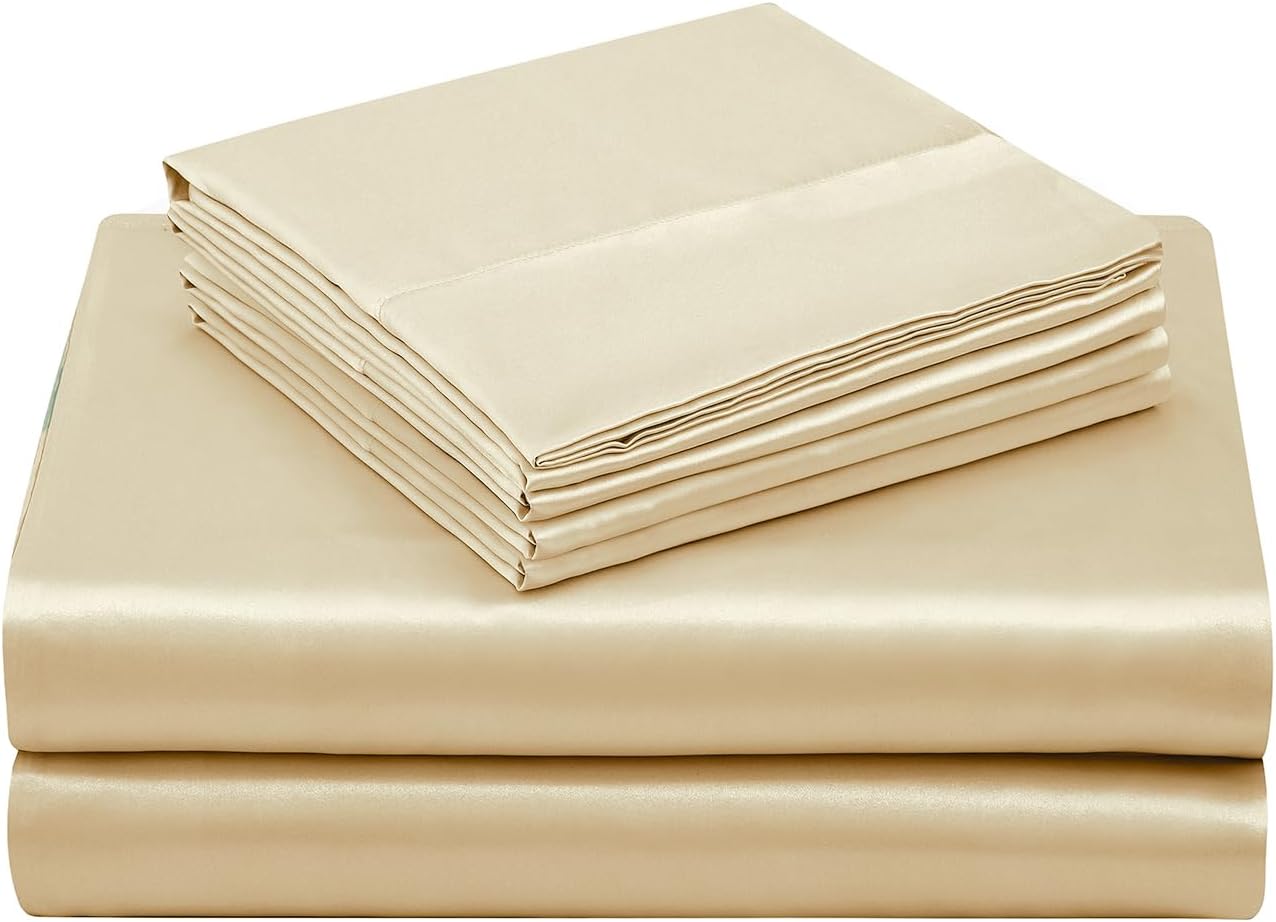 Twin XL Size 4-Piece Sheet Set Premium 30 Momme Mulberry Silk Bed Sheets Set Fits 23-26' Deep Pocket (Solid, Beige)