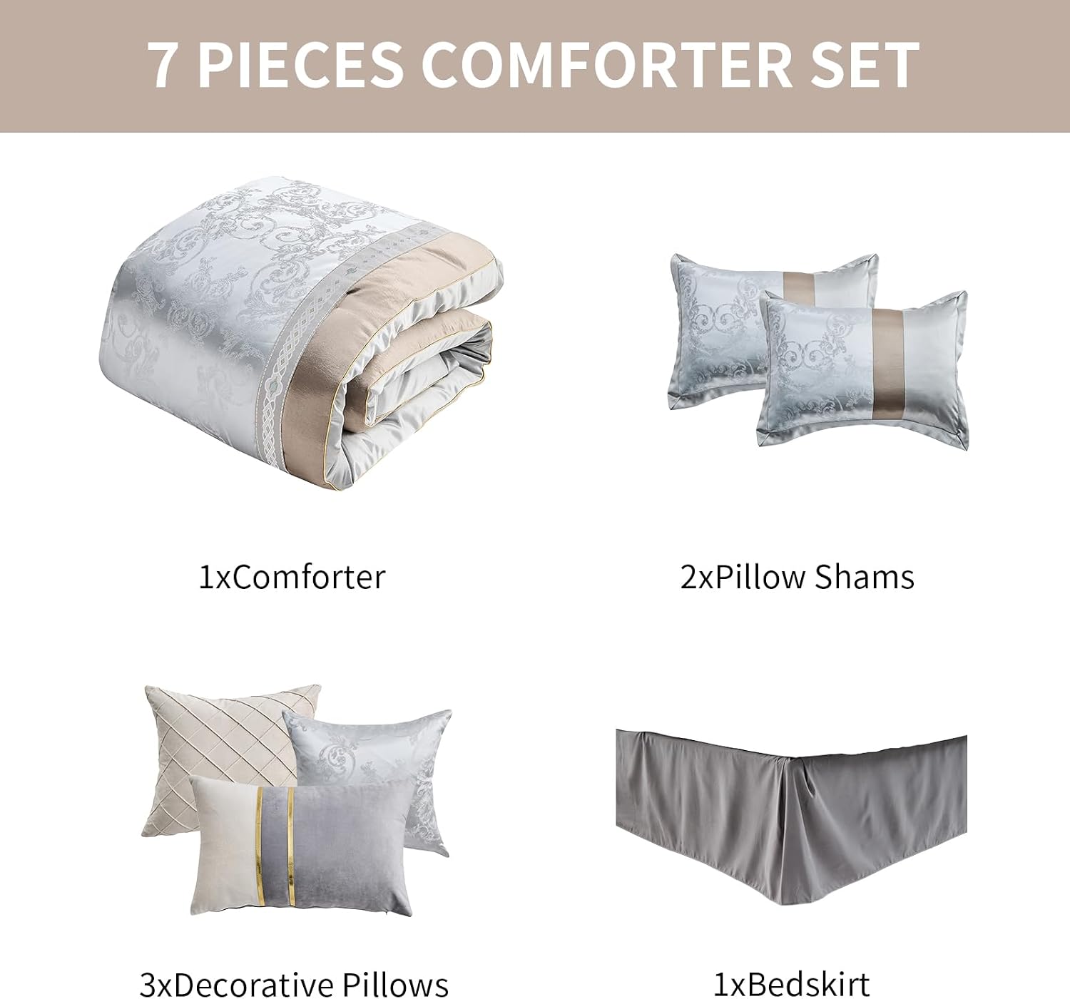 Bedduvit Luxurious Silky 7 Pieces King Size Comforter Set - Soft Jaquard Floral Patchwork Design King Comforter Set, Silver Gray Down Alternative Bedding Set with Bed Skirt, Shams, Decorative Pillows