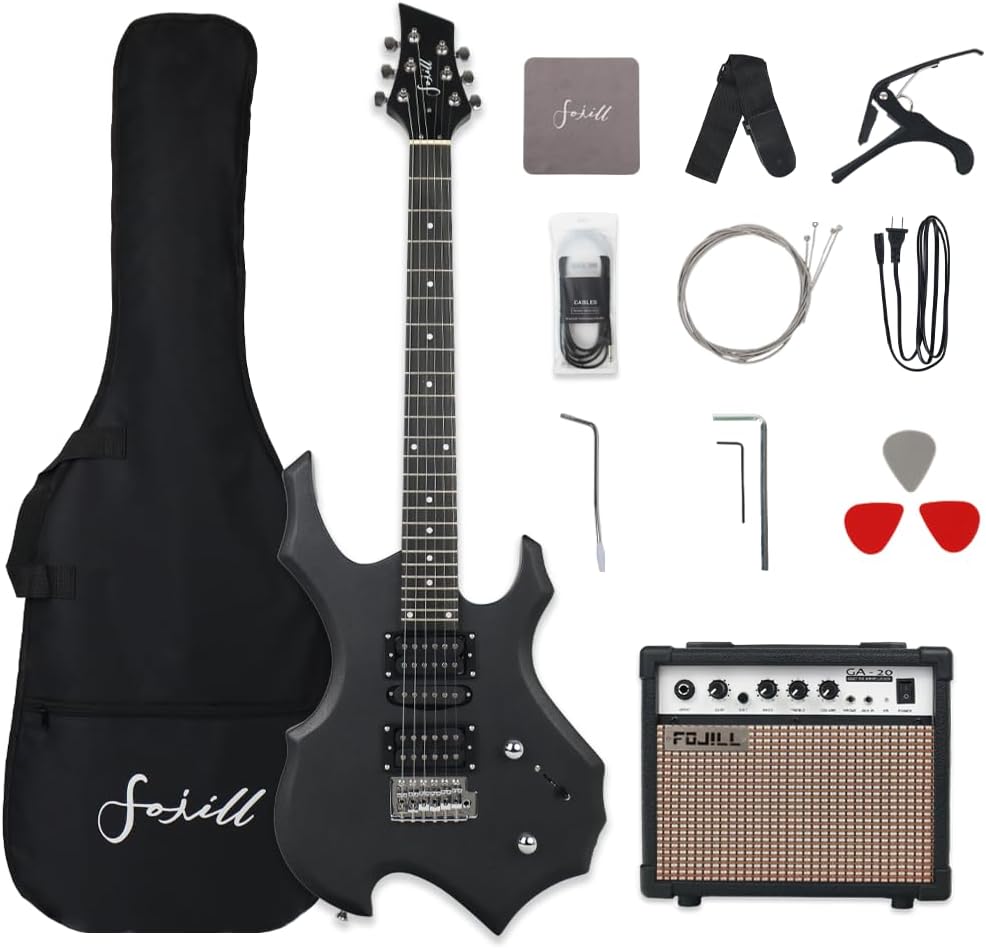 Fojill Heavy Metal Cool Shape Electric Guitar Kit Set Beginner Starter Combo Package Bundle 20W Amplifier Amp Accessory Padded gig Bag,Picks, Cable,Strap,Extra Strings (FCGK-50, Metallic Black)