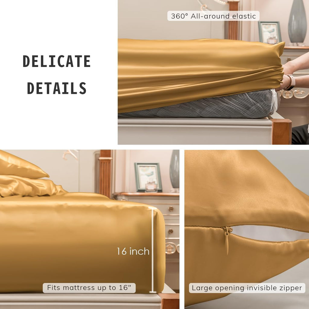 PROMEED 100% Mulberry Silk Fitted Sheet Set, 23 Momme Deep Pocket Natural Silk Fitted Sheet and Pillowcase Set for Twin XL Size Bed, 2pcs (Gold, Twin XL)