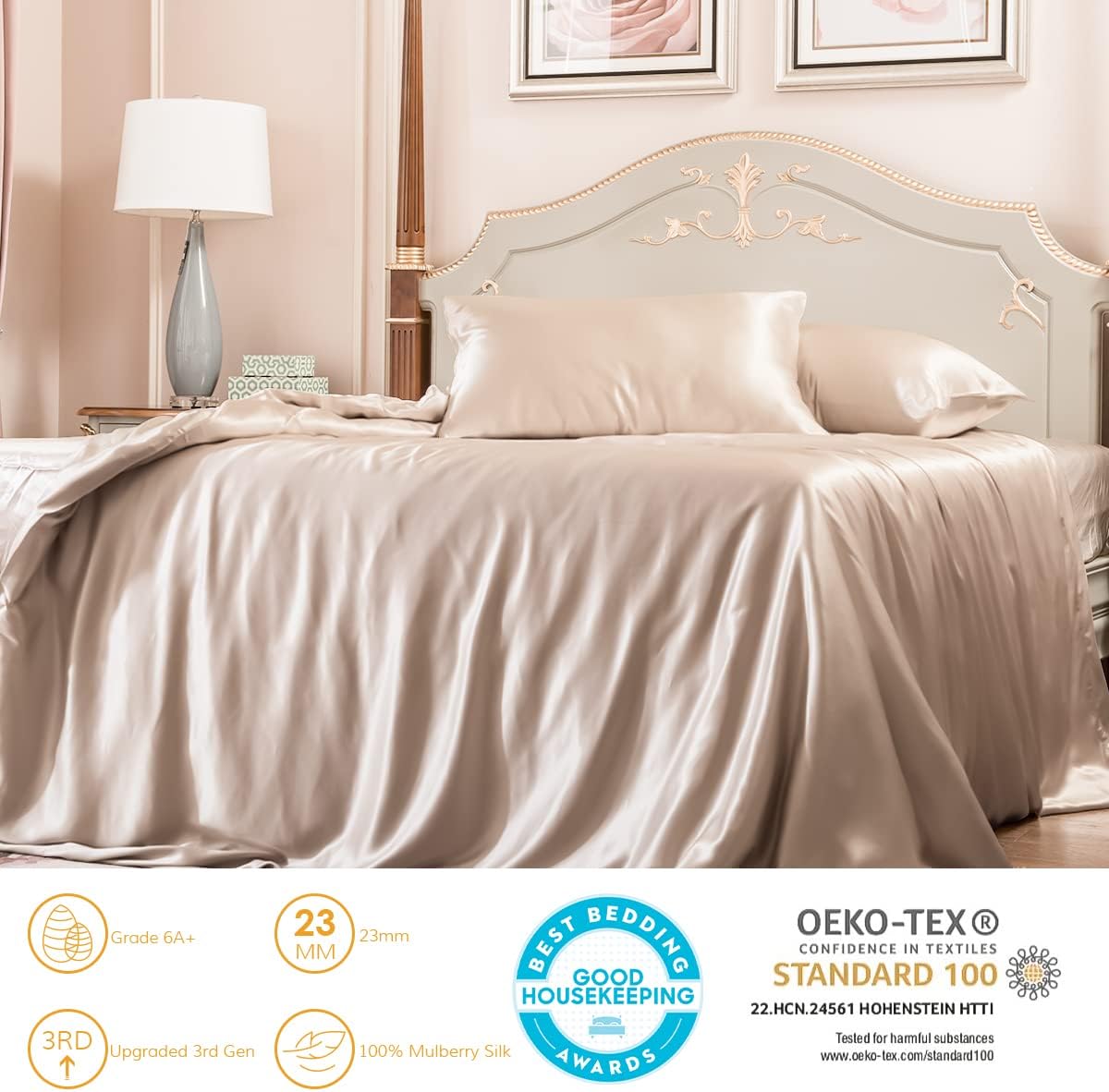 PROMEED 100% Mulberry Silk Duvet Cover Twin Size, Real Grade 6A+ 23 Momme Mulberry Silk Quilt/Comforter Cover with Zipper and Corner Tie (Champagne, Twin)
