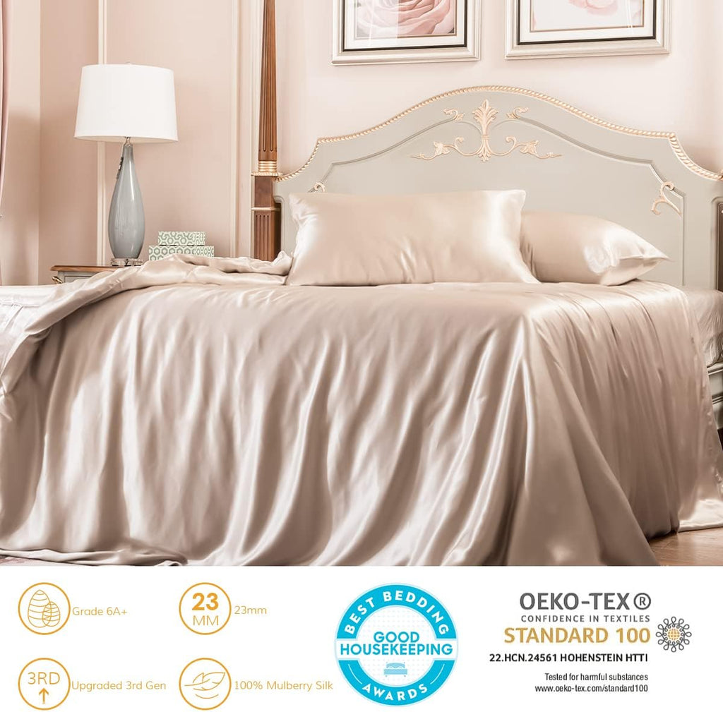 RROMEED 100% Mulberry Silk Duvet Cover Set 3PCS, Real 23 Momme Grade 6A Silk Bedding Set with Duvet Cover and Pillowcases (Champagne, King)