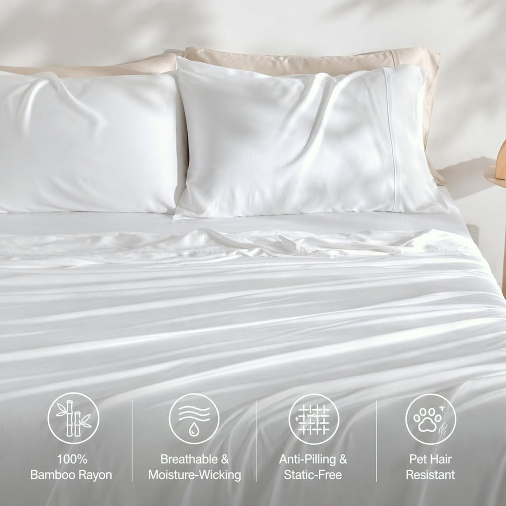 GOKOTTA King Size Sheets Set 4 Piece, 100% FSC® Certified Rayon Derived from Bamboo, Luxury Breathable and Silky Soft Sheets, Deep Pocket 16' Fitted Sheet with Elastic Corner Straps, Bright White