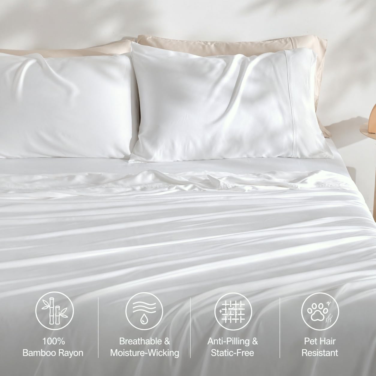 GOKOTTA King Size Sheets Set 4 Piece, 100% FSC® Certified Rayon Derived from Bamboo, Luxury Breathable and Silky Soft Sheets, Deep Pocket 16' Fitted Sheet with Elastic Corner Straps, Bright White