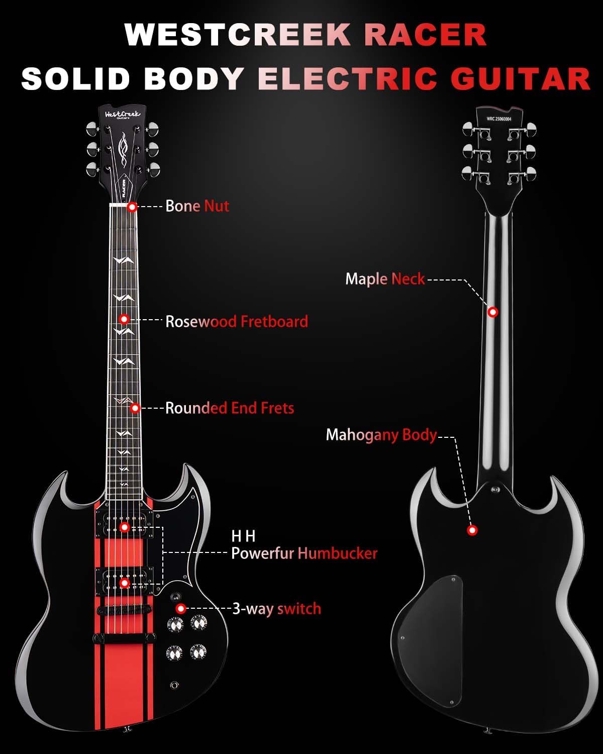 WestCreek RACER Solid Body Electric Guitar, SG guitar, Rounded End Frets, Bone nut, Rosewood Fingerboard, Mahogany Body (Black-Red Stripe)