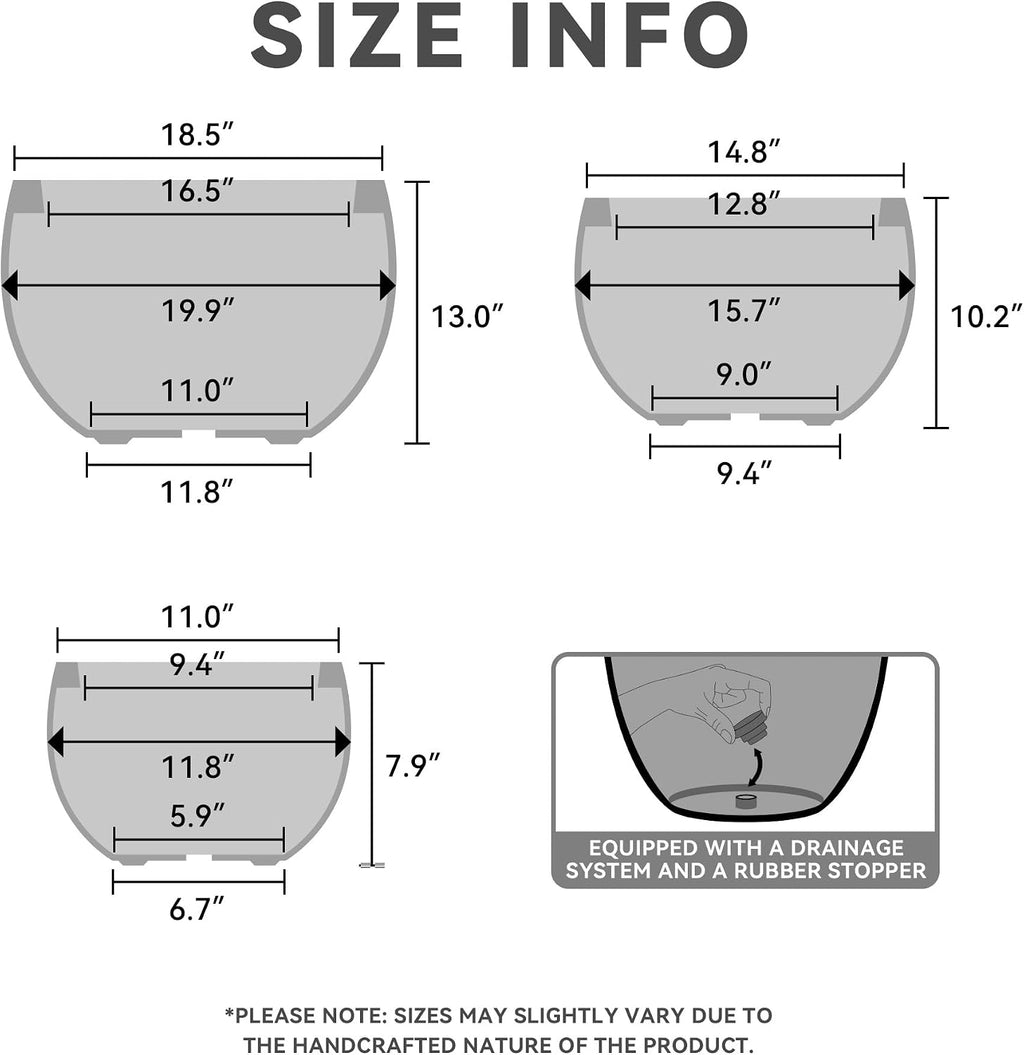 Kante 19.9',15.7',11.8' Dia Round Concrete Planter Set of 3, Outdoor/Indoor Large Bowl Plant Pots with Drainage Hole and Rubber Plug for Garden Patio Balcony Home, Dark Gray