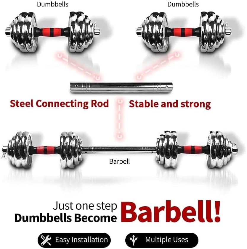 Fitness Dumbbells Set, Adjustable Weight Sets up to 66 lbs, with Metal Connecting Rod Used As Barbell, Chromed Weights, Hardcover Gift Box, Home Gym Work Out Training Equipment (66.00, Pounds)