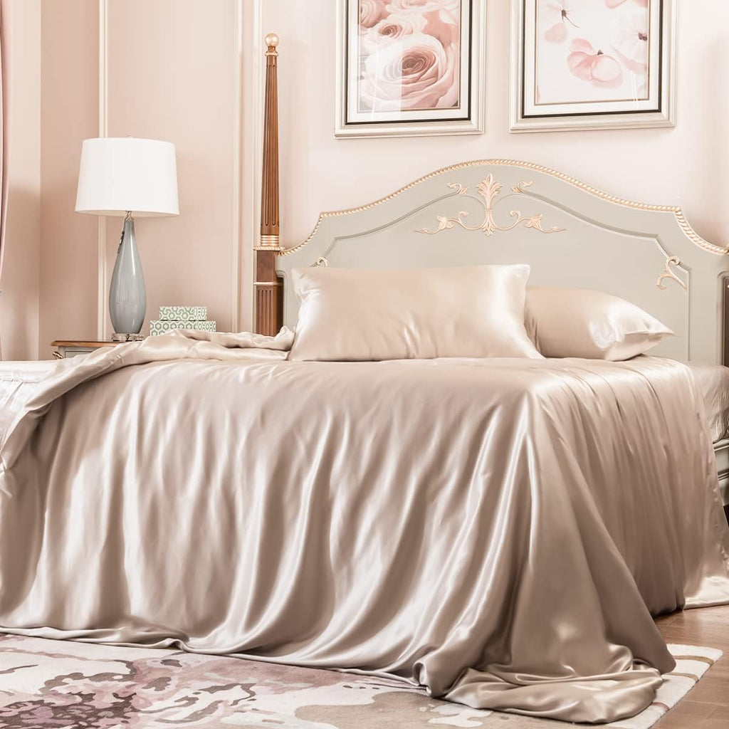 PROMEED 100% Mulberry Silk Duvet Cover Set 3PCS Queen Size, Real 23 Momme Grade 6A Silk Bedding Set with Duvet Cover and Pillowcases (Champagne, Queen)