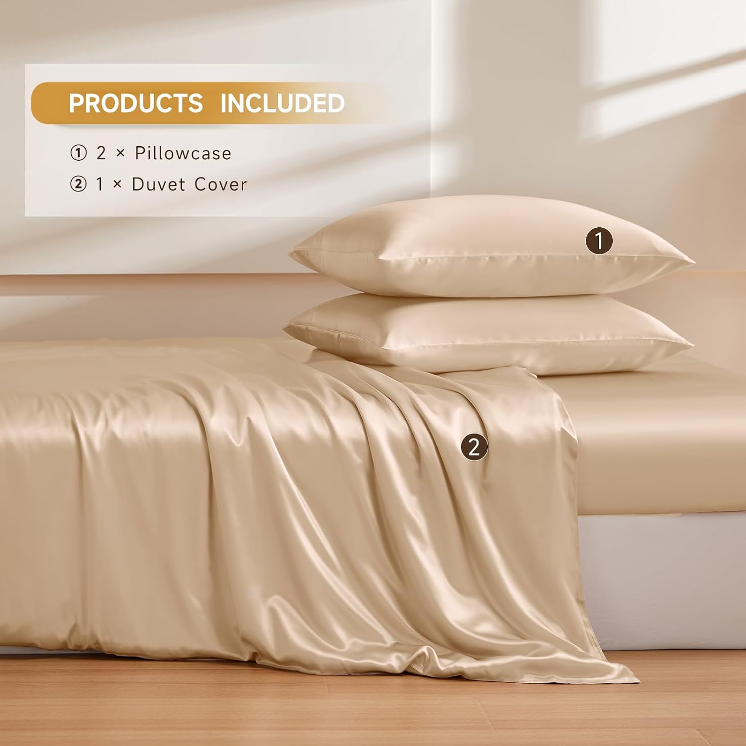 THXSILK 100% Pure Mulberry Silk Duvet Cover Set 3 Piece, 6A+ Grade Luxury Soft Bedding Silk Sheets for Hair and Skin, 1 Pcs Duvet/Quilt/Comforter Cover with 2 Zippered Pillowcases (Champagne, Twin)