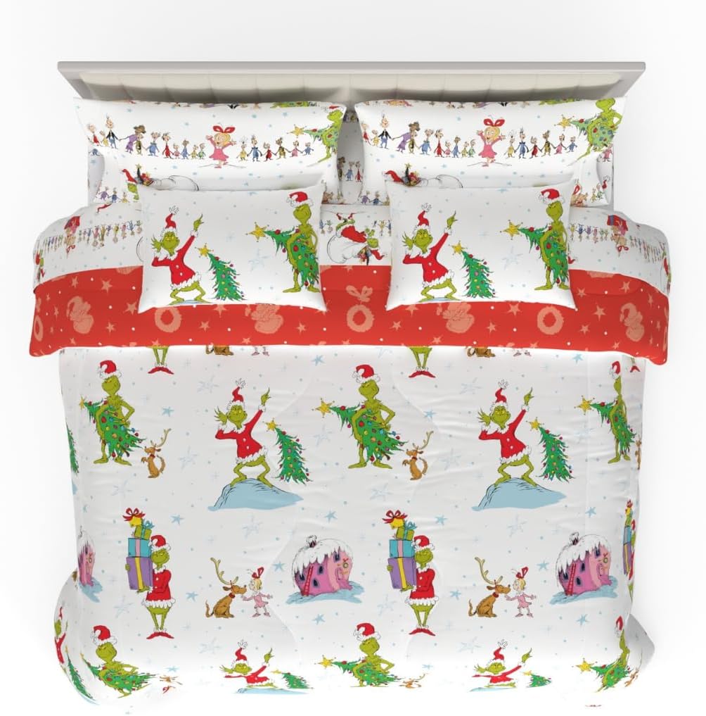 Grinch by Dr. Seuss Holiday & Christmas Bedding Super Soft Comforter and Sheet Set with Sham, 7 Piece King Size (Official Dr. Seuss Product) by Franco
