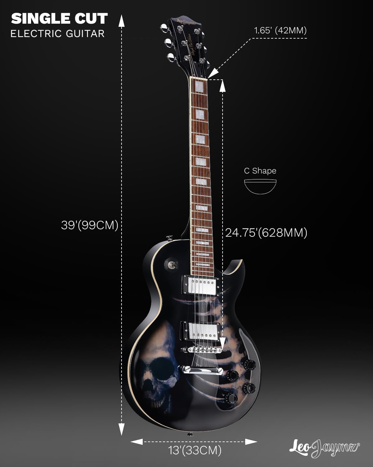 Leo Jaymz SC Series Electric Guitar – Mahogany Body, Laurel Fingerboard, Dual Humbuckers, Tune-O-Matic Bridge, C Neck, 18:1 Tuners (Skull)