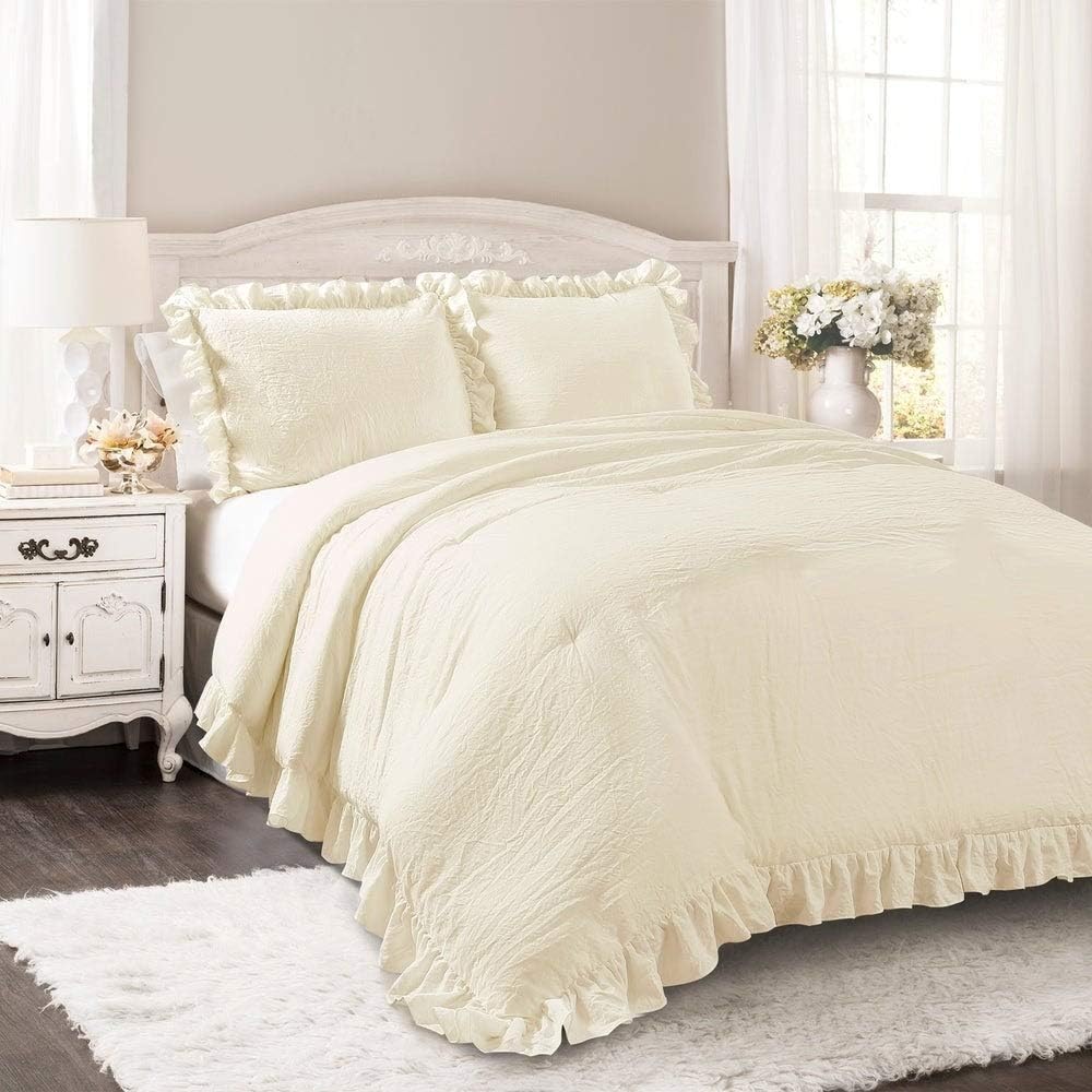 Lush Decor Reyna Ruffle Comforter Set - 3 Piece Cozy Ruffled Bedding Set - Timeless Elegance and Comfort for Bedroom - King, Ivory