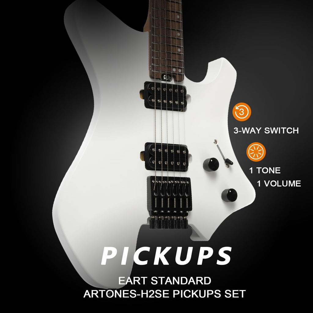 EART GW2-SE Headless Electric Guitar, Solid Electric Guitar Roasted Mahogany Body with Hard Maple Neck Standard Artones-H2SE Pickups,Satin Finish