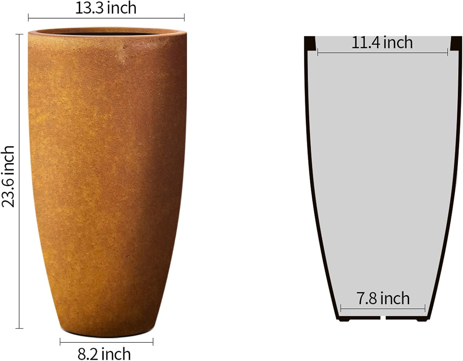 Kante 23.6' H Iron Oxide Finish Concrete Tall Planters (Set of 2), Large Outdoor Indoor Decorative Plant Pots with Drainage Hole and Rubber Plug, Modern Style for Home and Garden
