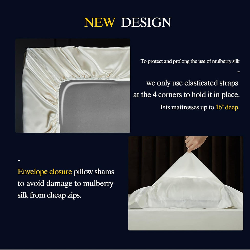 YOUR MOON 100% Mulberry Silk Sheets Set King Size 4 Pcs, 25 Momme Mulberry Silk Bed Sheets, Ultra Soft Luxury Bedding Sets, 1 Fitted Sheet, 1 Flat Sheet, 2 Pillow Shams (White)