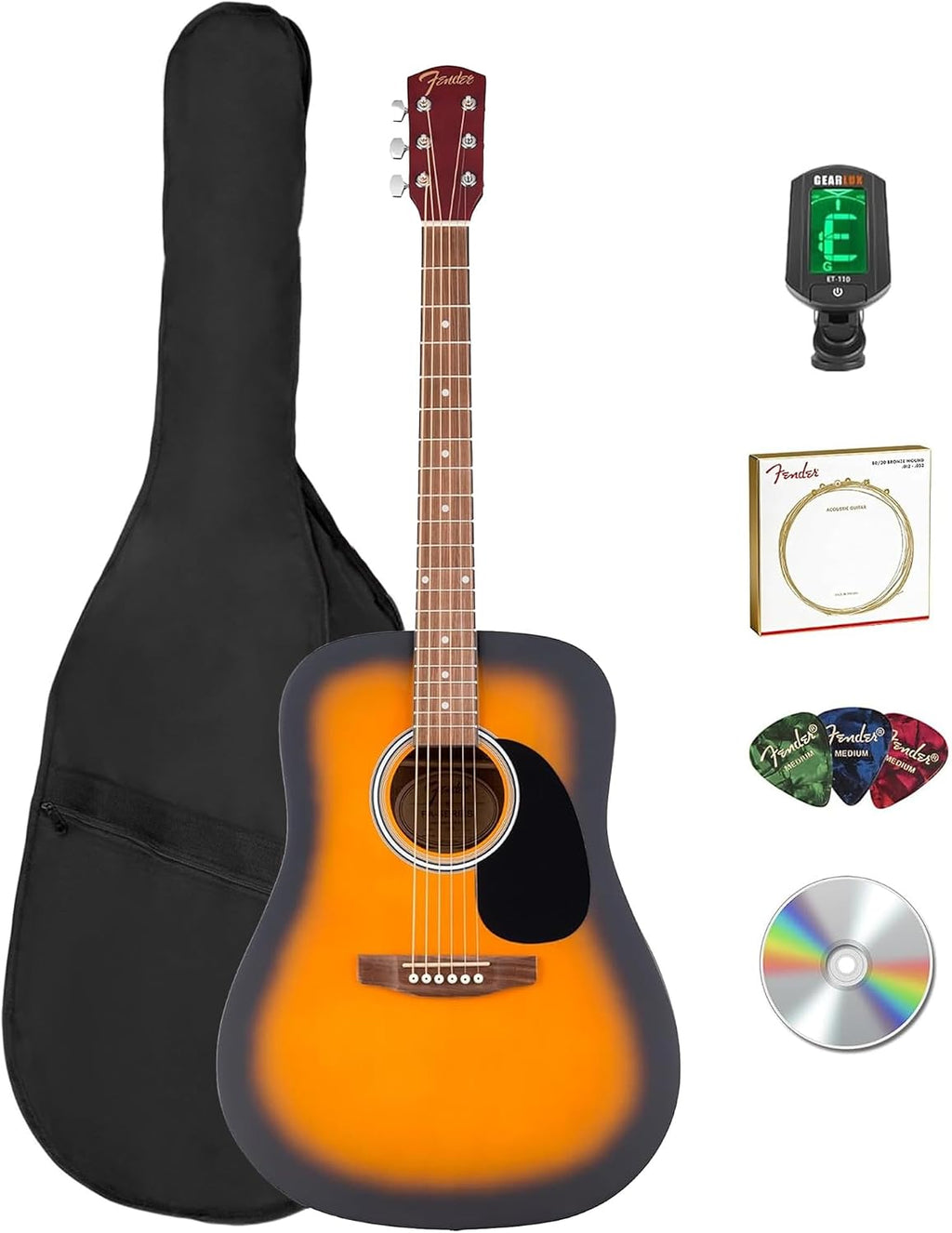 Fender FA Series Dreadnought Acoustic Guitar - 2-Color Sunburst Bundle with Gig Bag, Tuner, Strings, Picks, and Austin Bazaar Instructional DVD