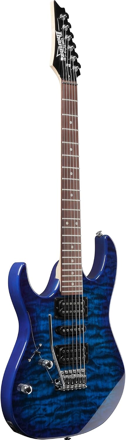Ibanez GRX70QAL RG Gio Electric Guitar, Left Handed - Transparent Blue Burst Bundle with Amplifier, Gig Bag, Tuner, Cable, Picks, Austin Bazaar Instructional DVD, and Polishing Cloth