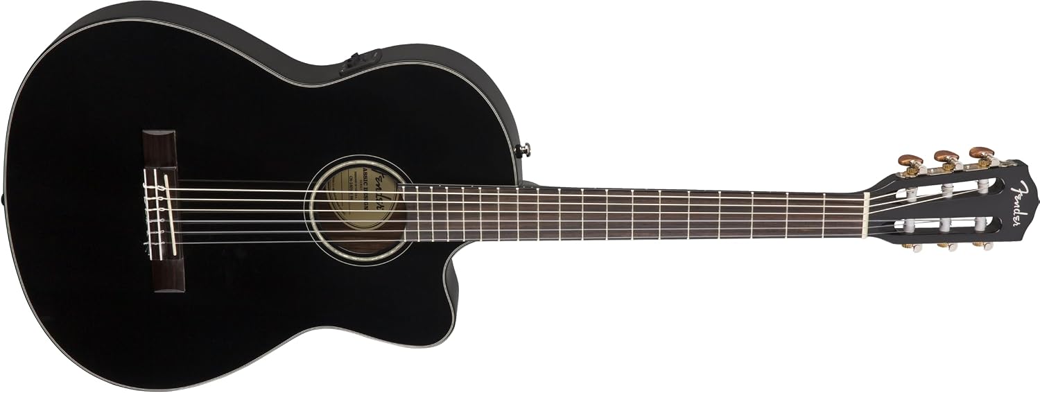 Fender CN-140SCE Thinline Concert Nylon String Acoustic Guitar, with 2-Year Warranty, Black, with Case