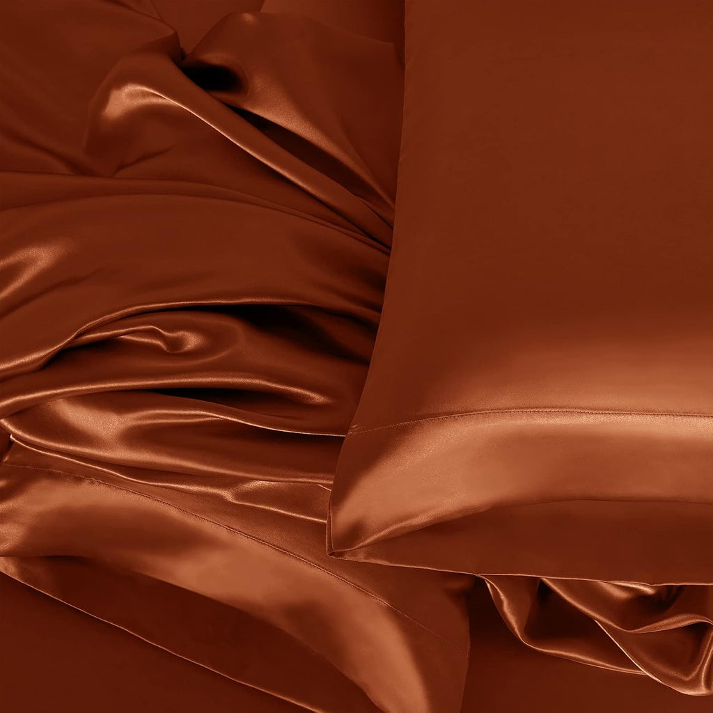 16 Momme 100% Mulberry Silk Bedding Set Full XL Size 4-Piece Luxury (2 Pillowcases, 1 Fitted Sheet, 1 Flat Sheet) - 6A Grade Natural Silk Fits 22-25' Deep Pocket (Solid, Burnt Orange)