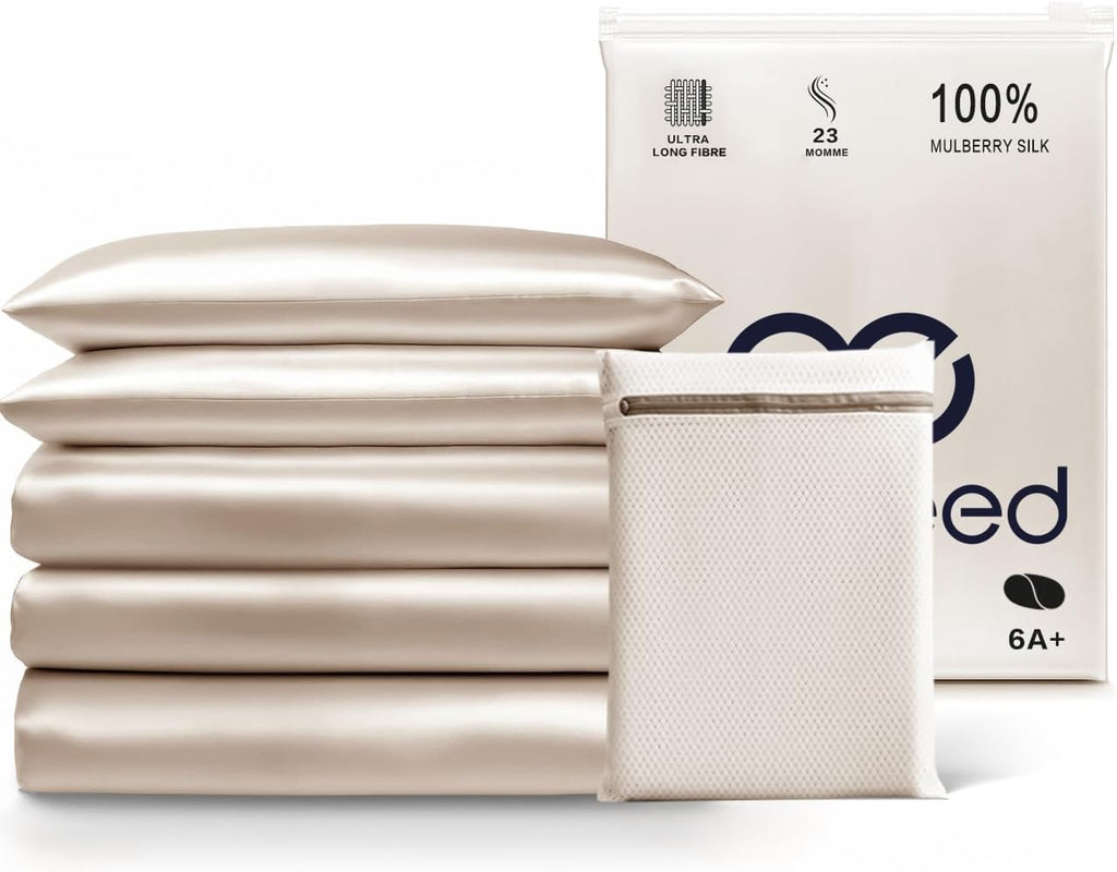 PROMEED 100% Mulberry Silk Duvet Cover Queen Size, Real Grade 6A+ 23 Momme Silk Quilt/Comforter Cover with Zipper and Coner Tie (Champagne, Queen)