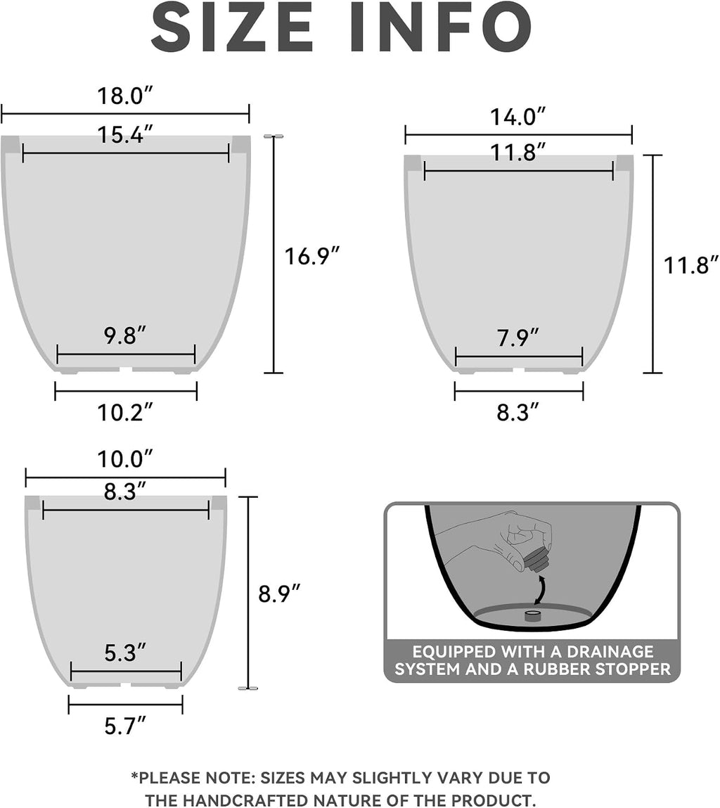 Kante 18',14',10' Dia Concrete Round Planters (Set of 3), Outdoor Indoor Large Planter Pots with Drainage Hole and Rubber Plug for Home Patio Garden, Weathered Concrete
