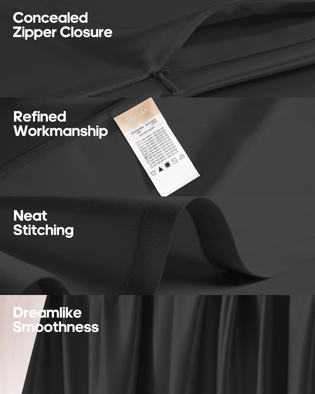THXSILK Silk Sheet Set 3 Pcs, Full Size Sheet Set, Soft Breathable Bed Sheets with 1 Fitted Sheet, 2 Pillowcases with Zipper Closure, Cooling for Hot Sleeper, Black