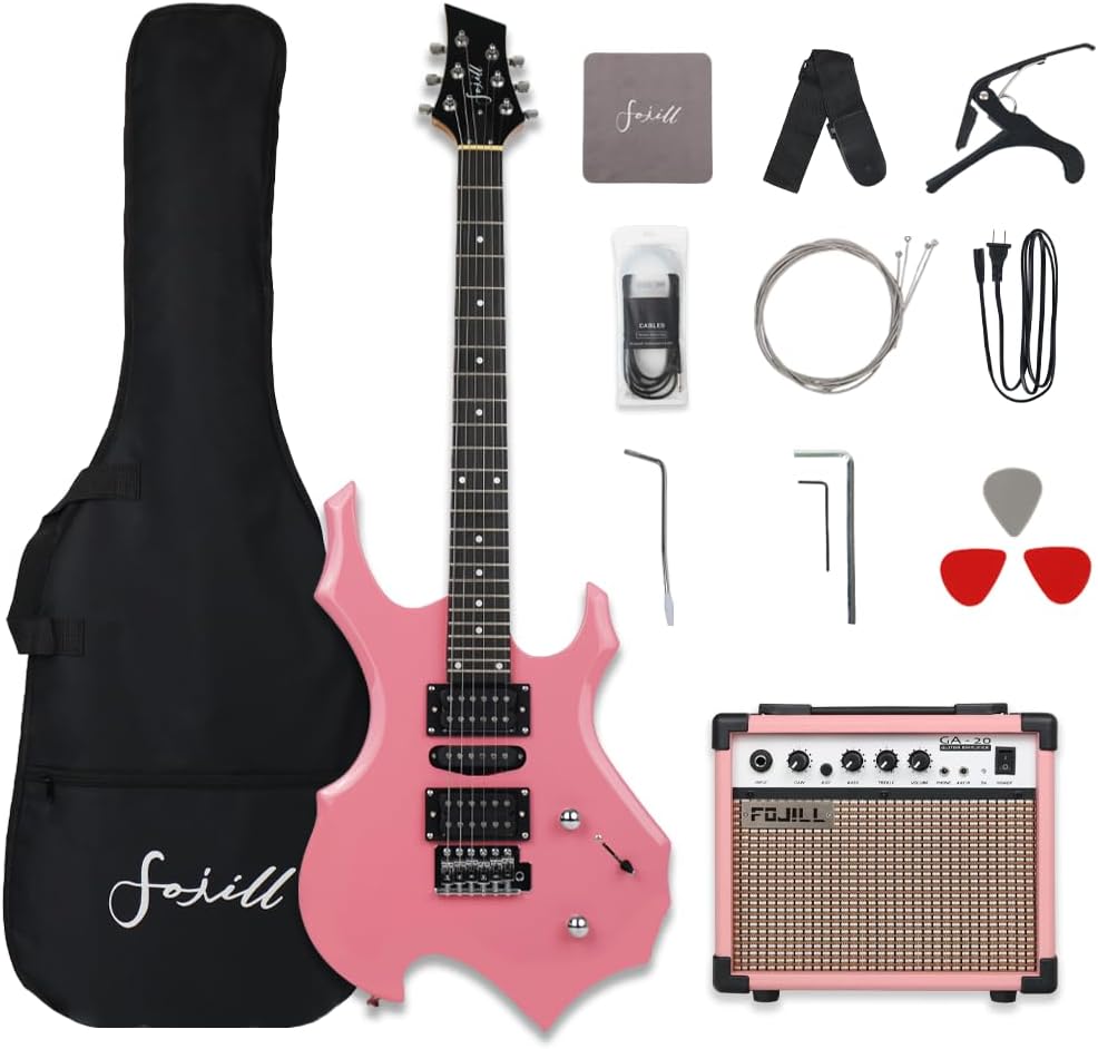 Fojill Heavy Metal Cool Shape Electric Guitar Kit Set Beginner Starter Combo Package Bundle 20W Amplifier Amp Accessory Padded gig Bag,Picks, Cable,Strap,Extra Strings (FCGK-50, Pink)