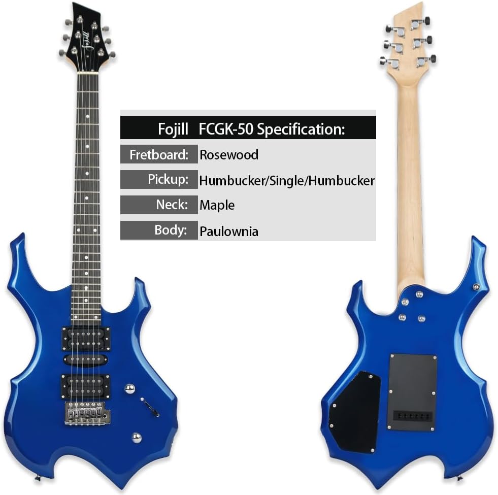 Fojill Heavy Metal Cool Shape Electric Guitar Kit Set Beginner Starter Combo Package Bundle 20W Amplifier Amp Accessory Padded gig Bag,Picks, Cable,Strap,Extra Strings (FCGK-50, Metallic Blue)