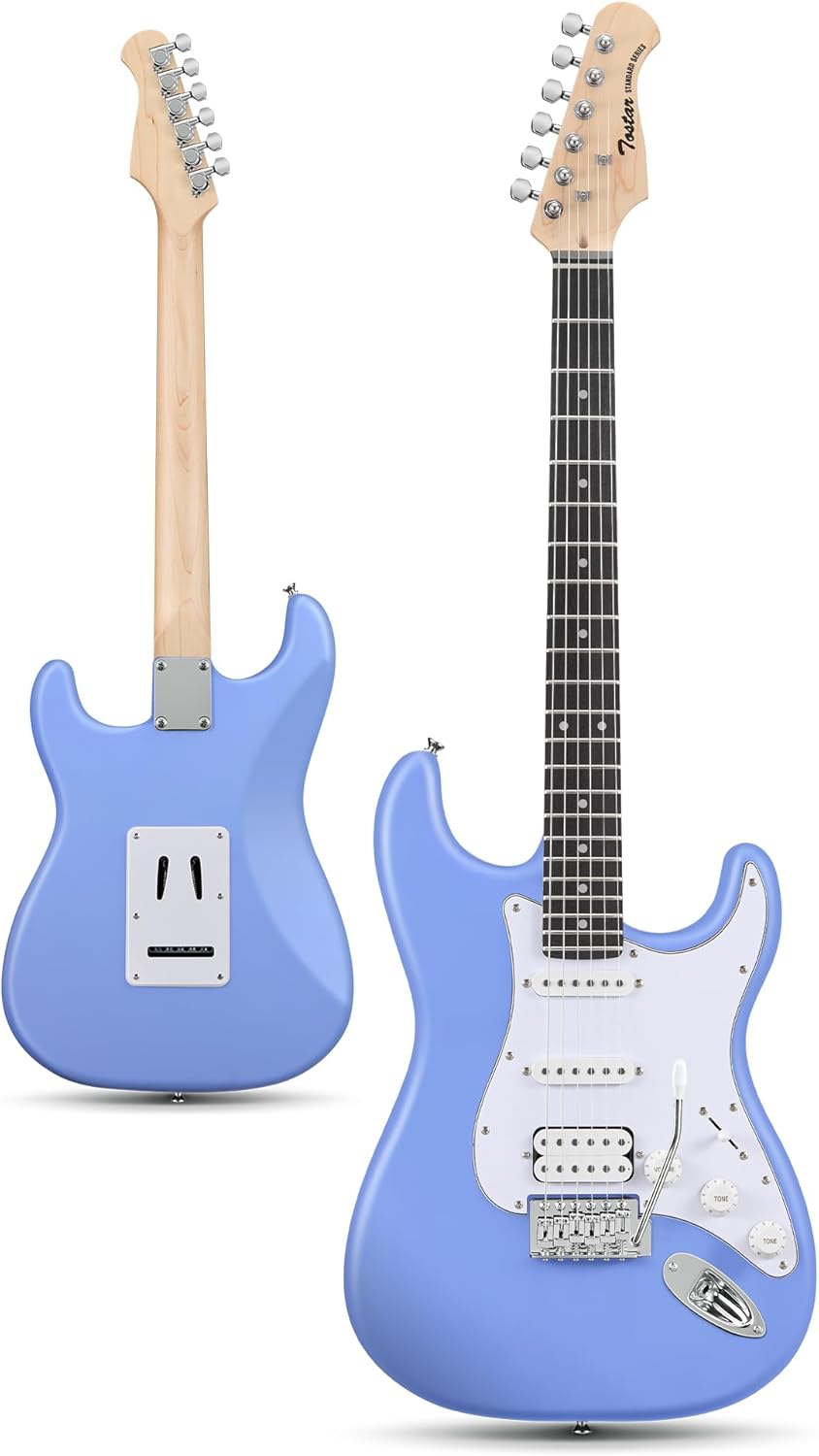 Tostar Beginner Electric Guitar, Solid Body, 39' Full Size Strat Style with HSS Pickups, 5-Way Switch, Tremolo Bridge, Maple Neck & Tectona Fretboard, Ideal for Beginners and Gifting, Blue