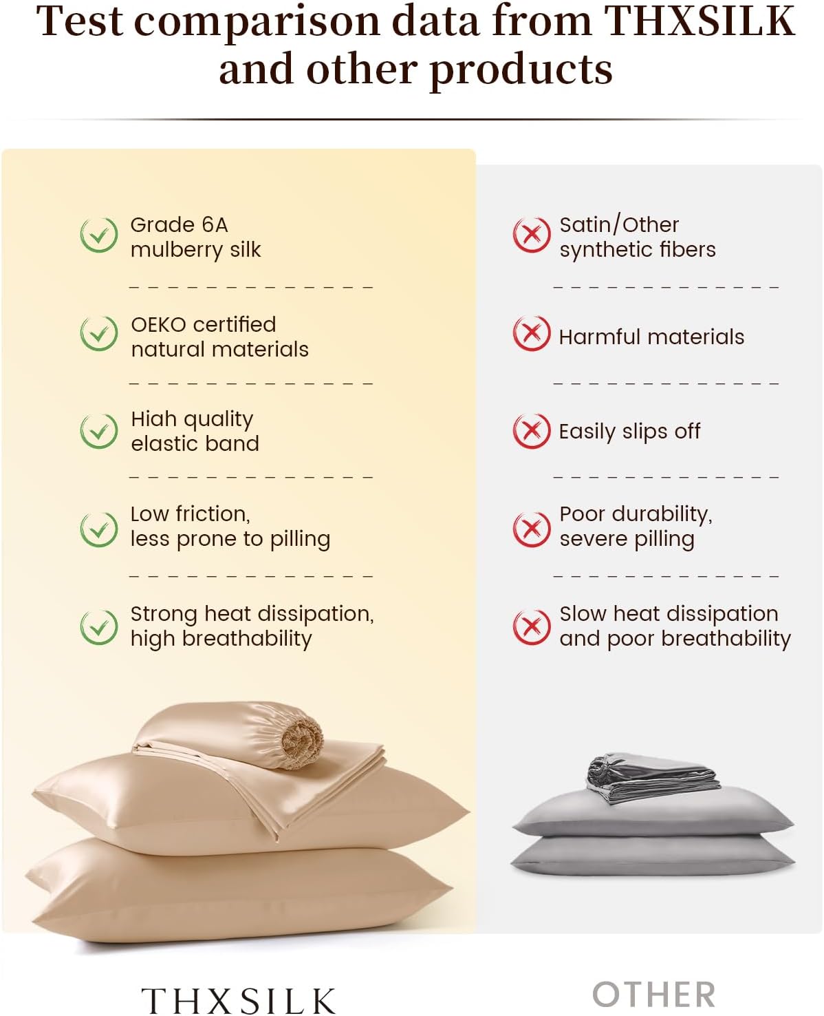 THXSILK 100% Mulberry Silk Bed Sheets Set - 4pcs Pure Silk Sheets Set - Flat Sheet, 16' Deep Pocket Fitted Sheet, 2 Pack Silk Pillowcase with Zipper Closure - Queen Size, Beige
