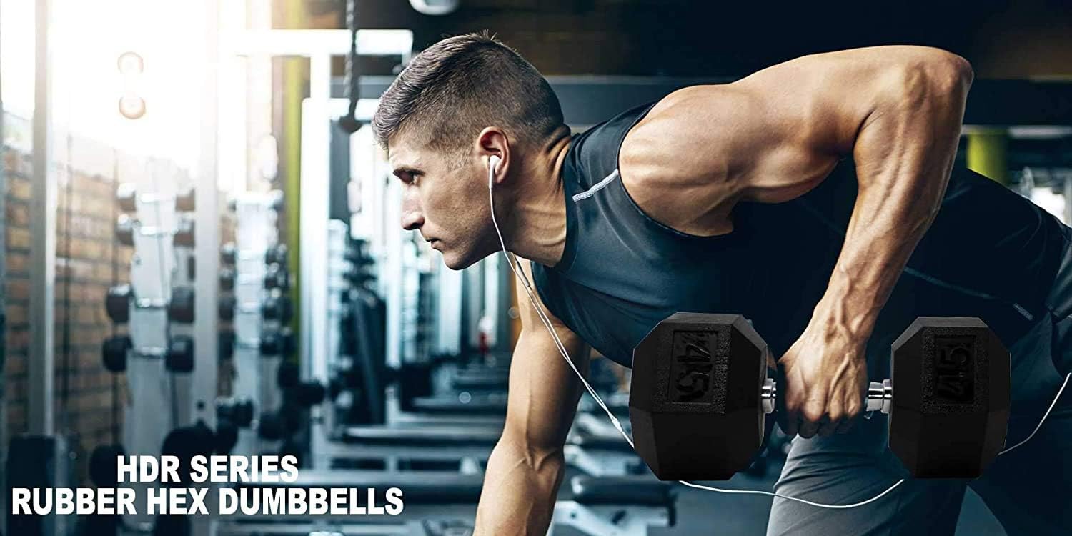 Apollo Athletics 1-Piece Rubber Coated Solid Cast Iron Dumbbell with Contoured Chrome Handle, Hexagon Head,