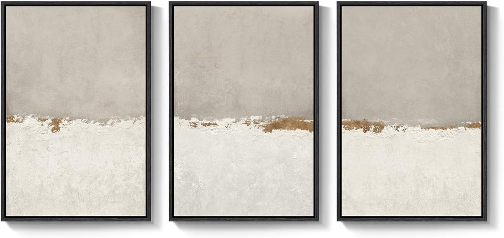Large Framed Neutral Abstract Wall Art for Living Room, 3 Piece Modern Canvas Prints Paintings Artwork for Walls, Minimalist Beige Abstract Horizon Pictures for Hallway, Office Wall Decor 24x36 In
