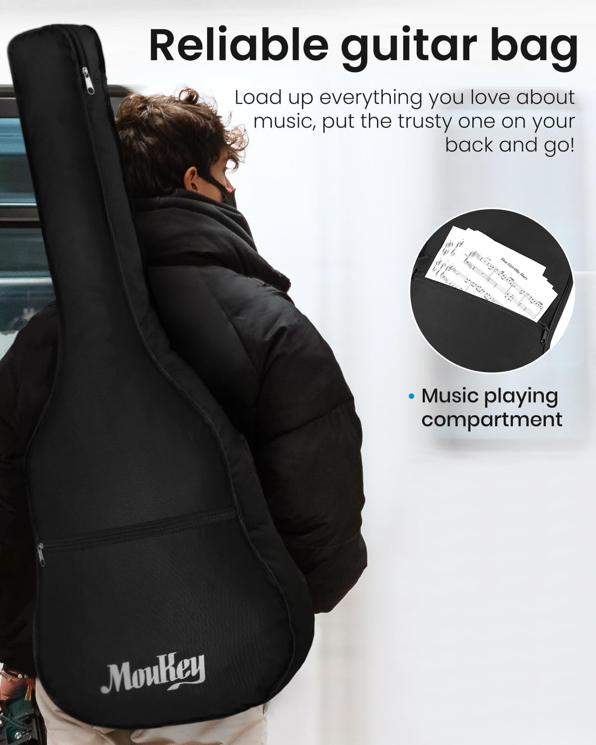 Moukey 41' Acoustic Guitar for Beginners Adult Teen Full Size Guitarra Acustica with Chord Poster, Gig Bag, Tuner,Steel Strings, Capo, Strap - Black