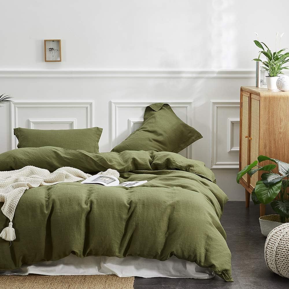 Simple&Opulence 100% Linen Duvet Cover Set, 3 PCS Olive Green Duvet Cover California King Size, Breathable Soft Comfy Linen Bedding Comforter Cover with 2 Pillowcases(Olive Green, 104'x98')