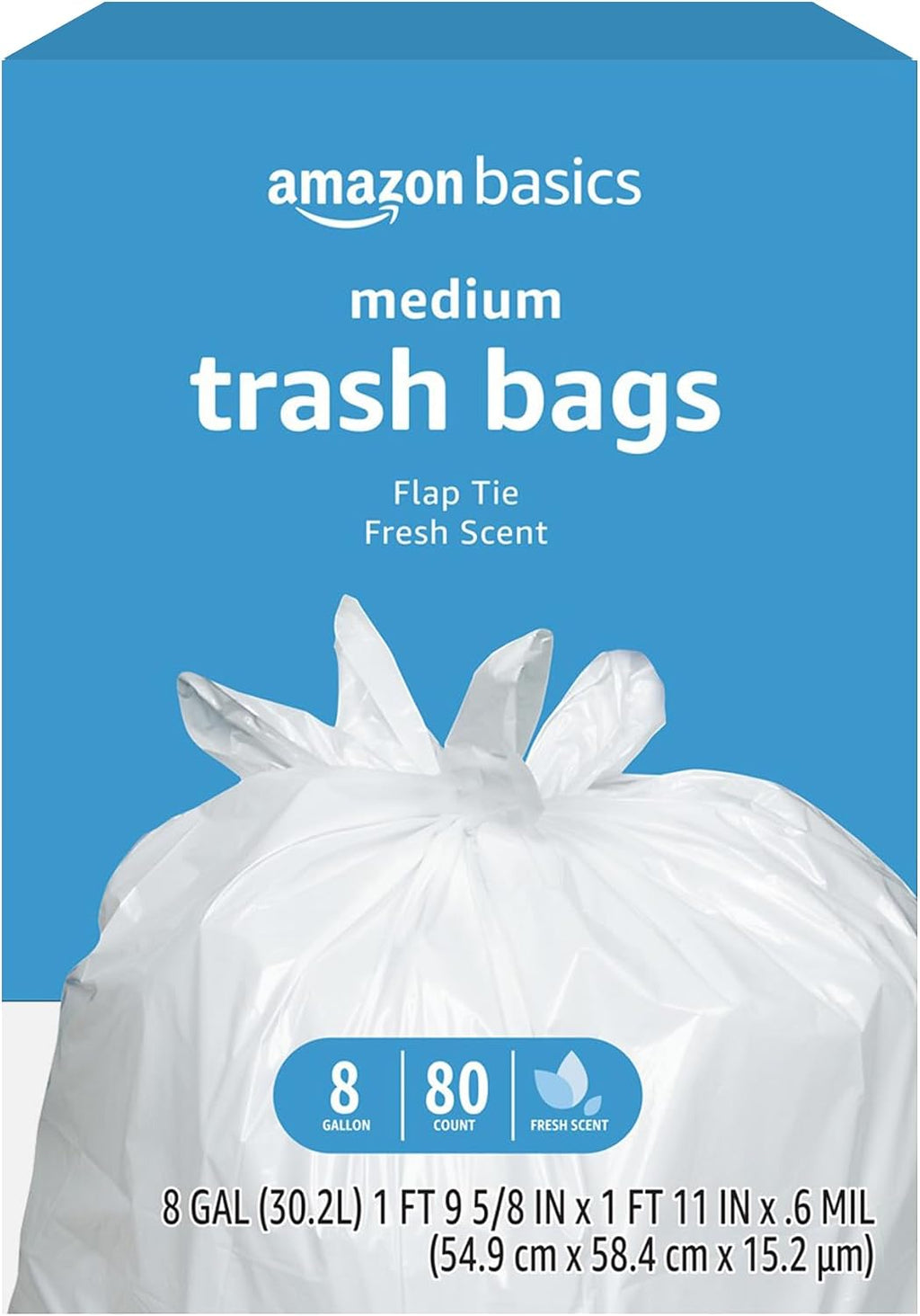 Amazon Basics 8 Gallon Flap Tie Trash Bags, Fresh Scent, 80 Count (Pack of 6)