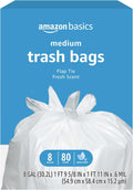 Amazon Basics 8 Gallon Flap Tie Trash Bags, Fresh Scent, 80 Count (Pack of 6)