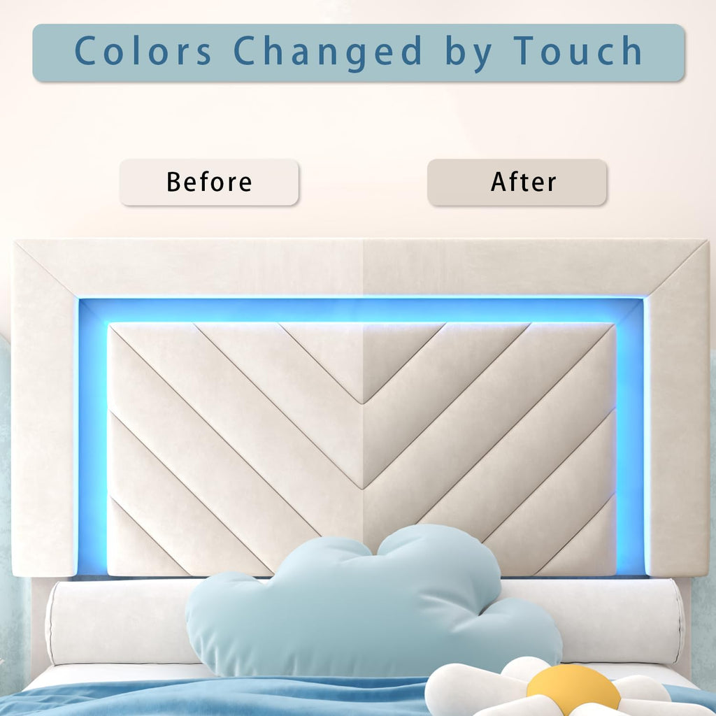 Incyneva Upholstered Twin Bed Frame with LED Headboard and Storage Drawer, Velvet Platform Bed Frame Twin Size with Charging Station, Adjustable Headboard, No Box Spring Needed, Off White