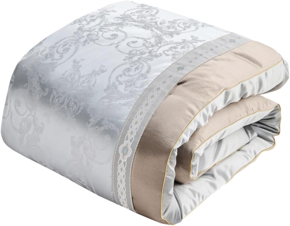 Bedduvit Luxurious Silky 7 Piece Queen Comforter Set - Soft Jaquard Floral Patchwork Design Comforters Queen Size, Silver Gray Down Alternative Bedding Set with Bed Skirt, Shams and Decorative Pillows