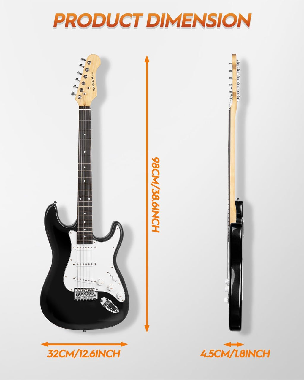STRICH Electric Guitar Beginner Kit, Solid Body 39' Full Size Electric Guitar SSS Pick Up for Starter, with 5W x 2 Amp, Bag, Digital Tuner, Capo, Strap, String,Cable, Picks, SST-S10 Black