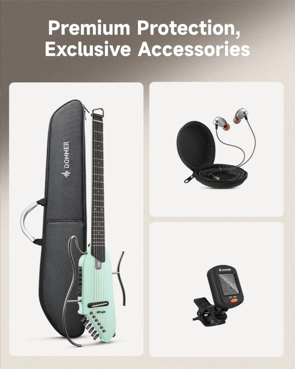 Donner HUSH-I Guitar For Travel, Portable Ultra-Light and Quiet Performance Headless Acoustic-Electric Guitar, Maple Body with Removable Frames, Gig Bag, and Accessories，Mint Green